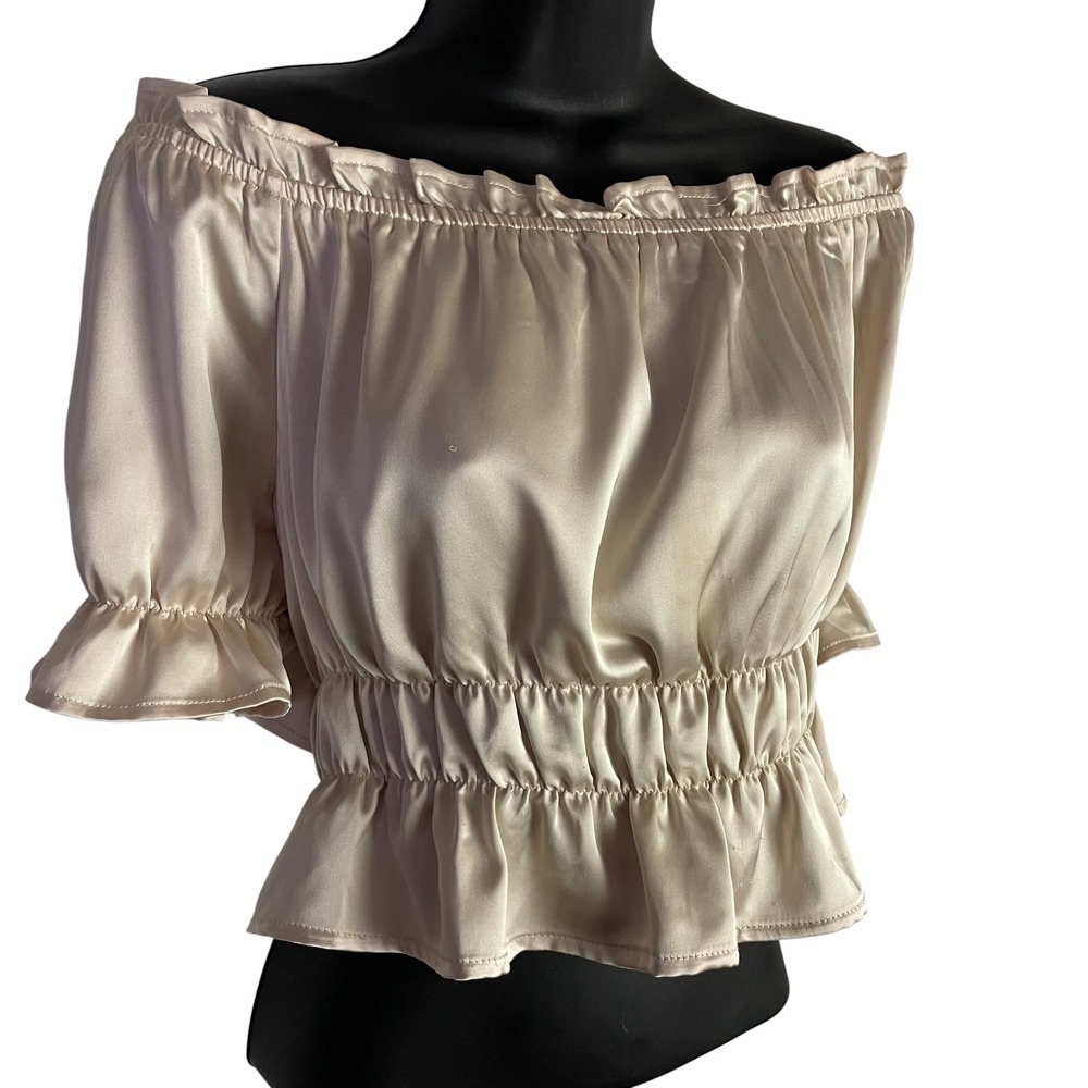 Womens Satin Milkmaid Ruffle Blouse Size 3X Beige Off Shoulder Smocked Crop